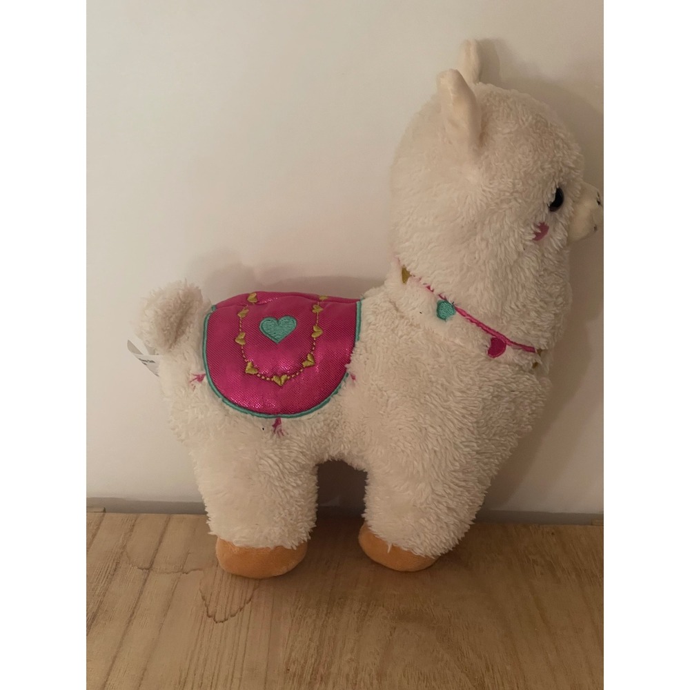 White Llama Alpaca Animal Plush Stuffed Toy Pink Saddle Embroidered Pink Cheeks - Picture 6 of 11